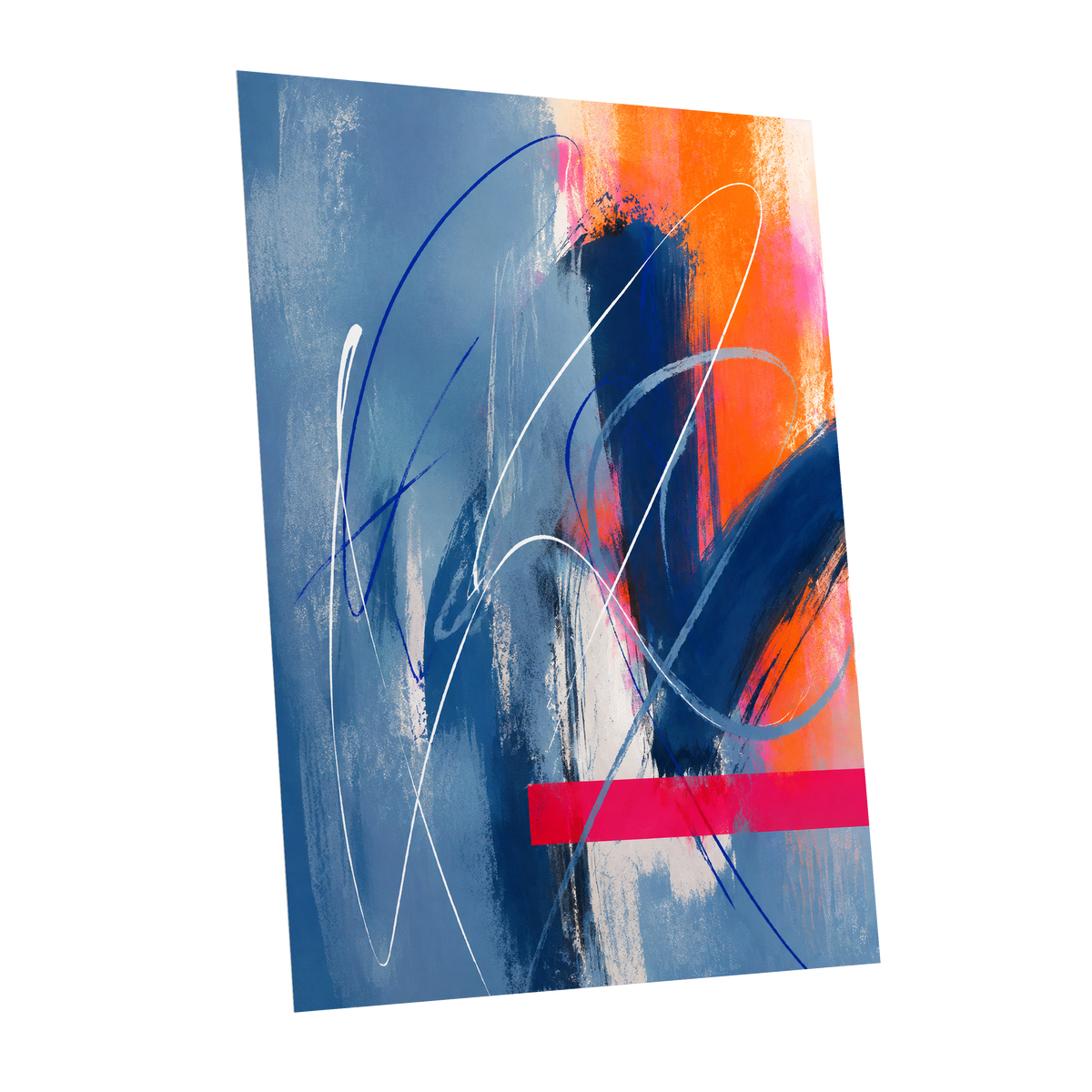Neon Crossings, blue, orange, pink abstract wall art shown as a unframed poster wall art print