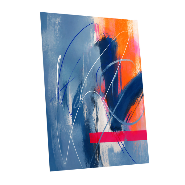 Neon Crossings, blue, orange, pink abstract wall art shown as a unframed poster wall art print