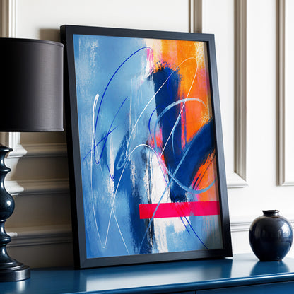 Neon Crossings, blue, orange, pink abstract wall art displayed in a styled interior, gallery view 2