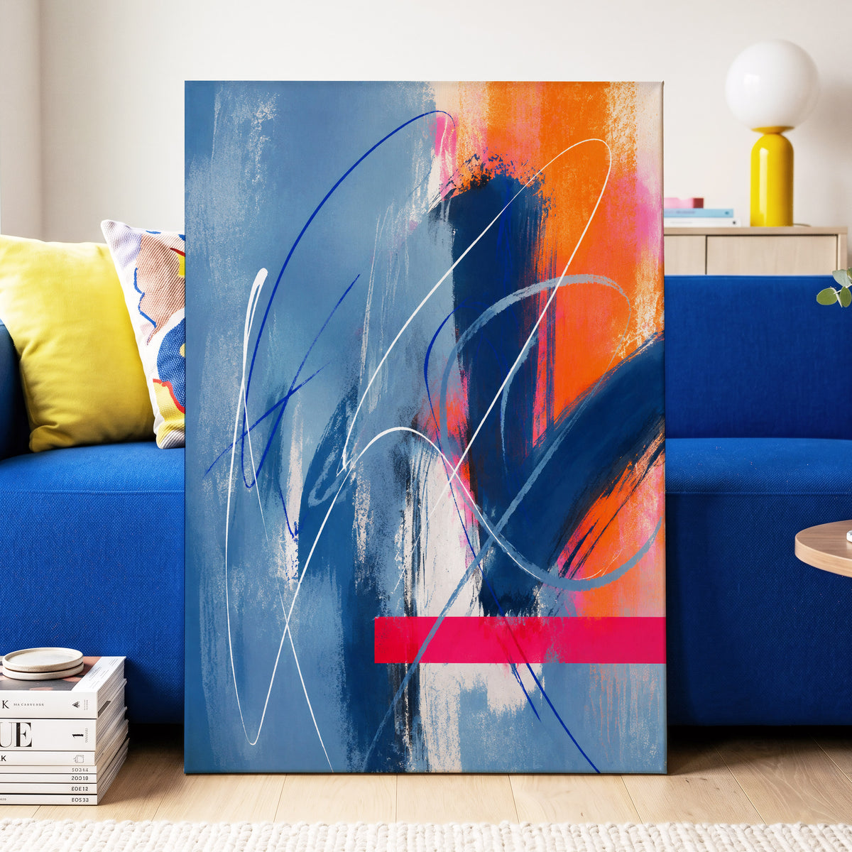 Neon Crossings, blue, orange, pink abstract wall art displayed in a styled interior, gallery view 3