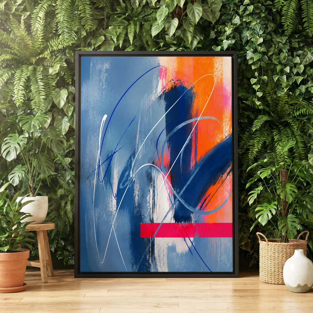 Neon Crossings, blue, orange, pink abstract wall art displayed in a styled interior, gallery view 4