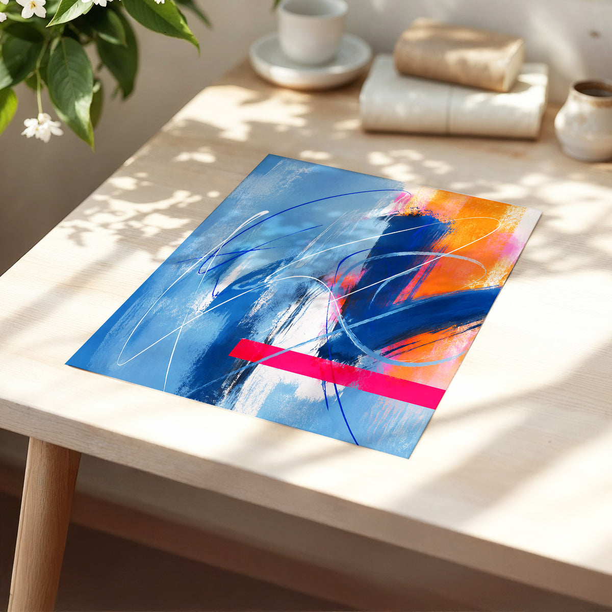 Neon Crossings, blue, orange, pink abstract wall art displayed in a styled interior, gallery view 5