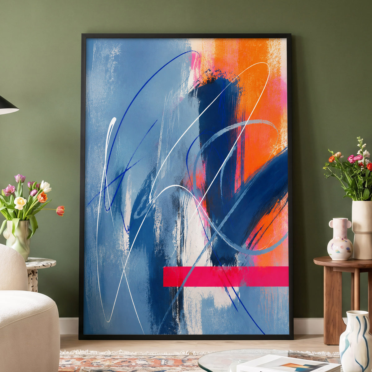 Neon Crossings, blue, orange, pink abstract wall art displayed in a styled interior, gallery view 6