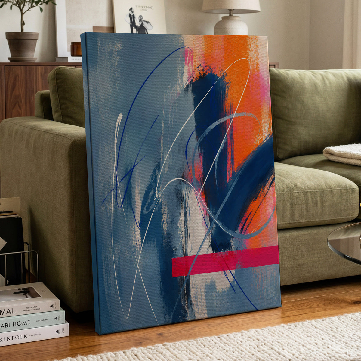 Neon Crossings, blue, orange, pink abstract wall art displayed in a styled interior, gallery view 7