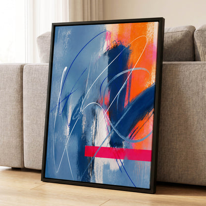Neon Crossings, blue, orange, pink abstract wall art displayed in a styled interior, gallery view 8