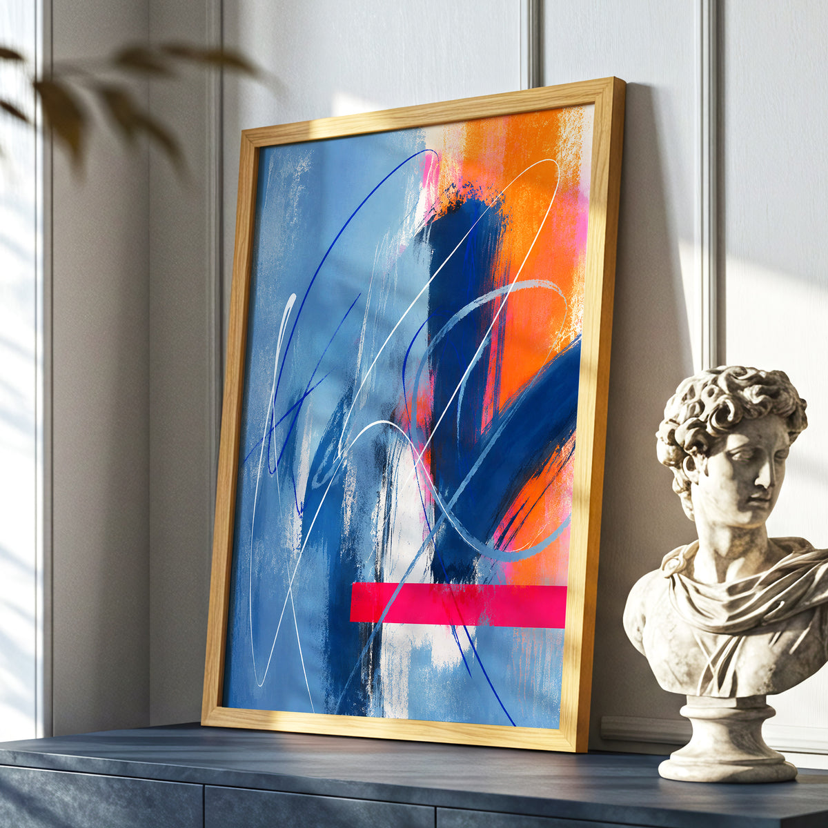 Neon Crossings, blue, orange, pink abstract wall art displayed in a styled interior, gallery view 9