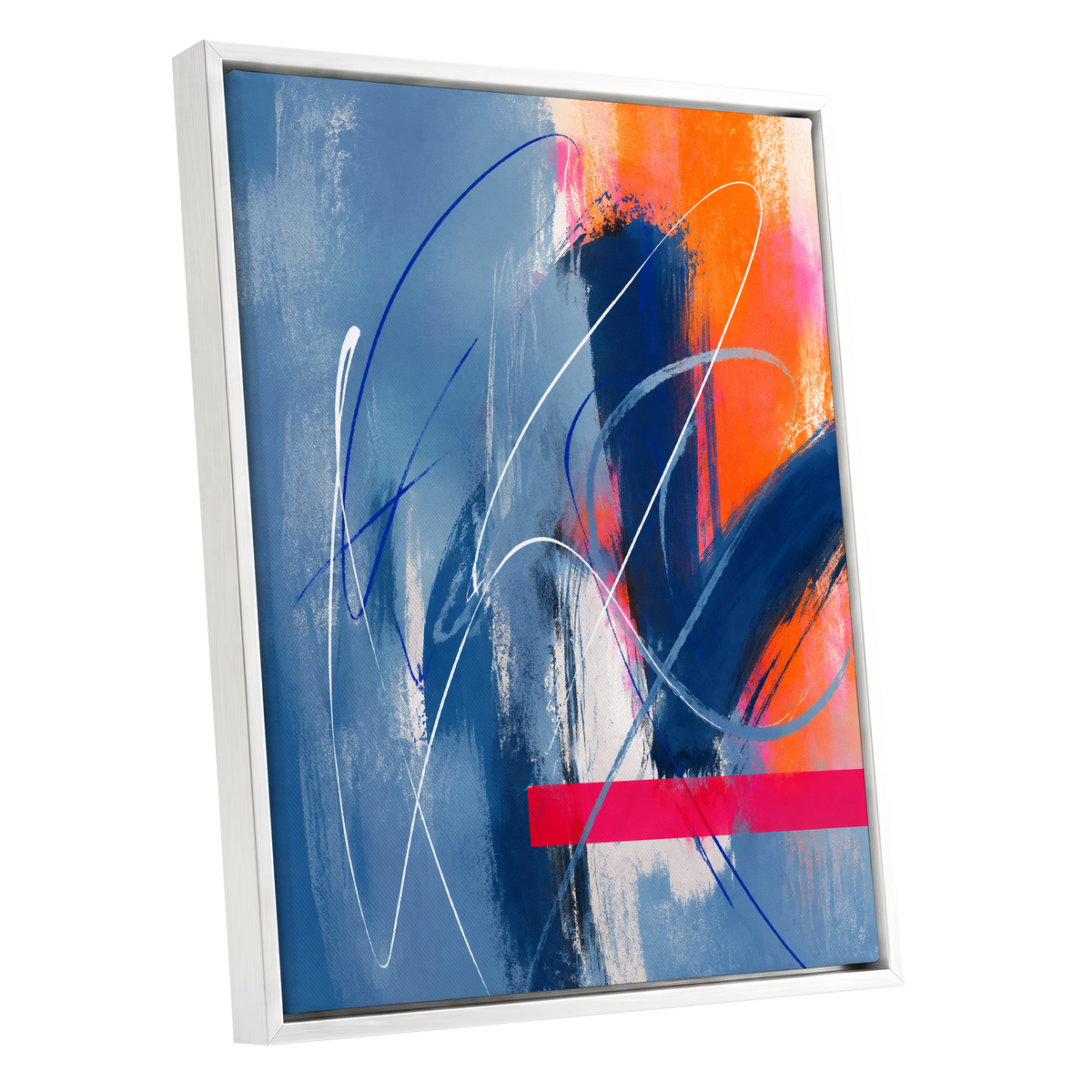 Neon Crossings, blue, orange, pink abstract wall art shown as a white framed canvas wall art