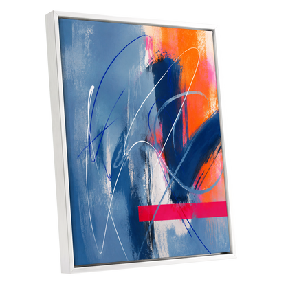 Neon Crossings, blue, orange, pink abstract wall art shown as a white framed canvas wall art