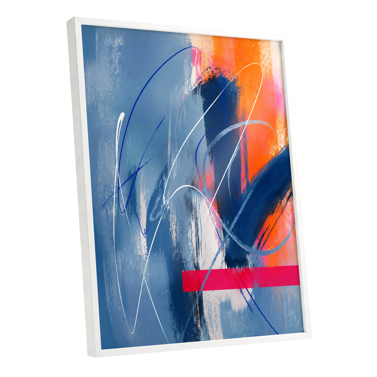Neon Crossings, blue, orange, pink abstract wall art shown as a white framed poster wall art print