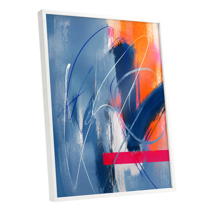 Neon Crossings, blue, orange, pink abstract wall art shown as a white framed poster wall art print
