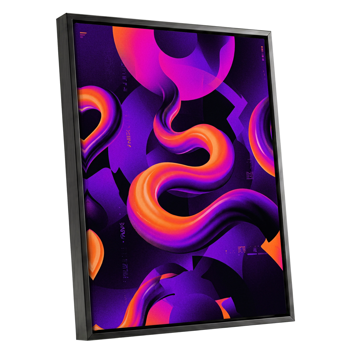 Neon Current, purple, orange, black abstract wall art shown as a black framed canvas wall art