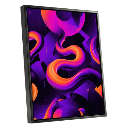 Neon Current, purple, orange, black abstract wall art shown as a black framed canvas wall art