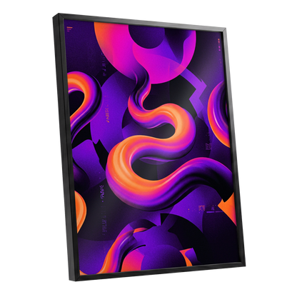 Neon Current, purple, orange, black abstract wall art shown as a black framed poster wall art print