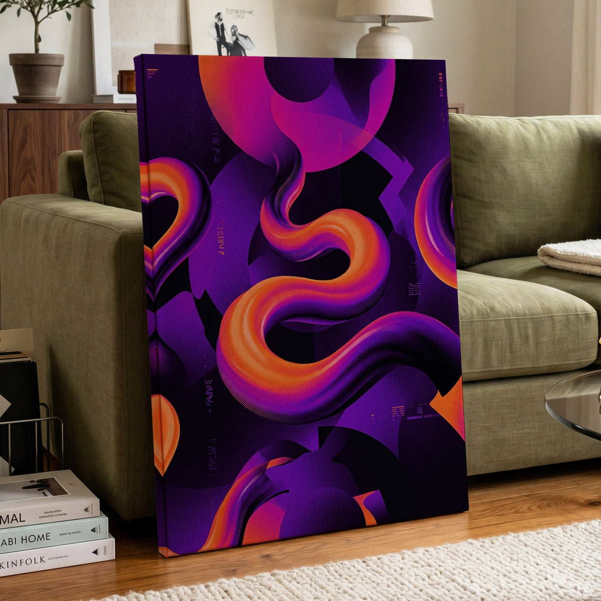 Neon Current, purple, orange, black abstract wall art on canvas displayed in a styled interior, gallery view 2
