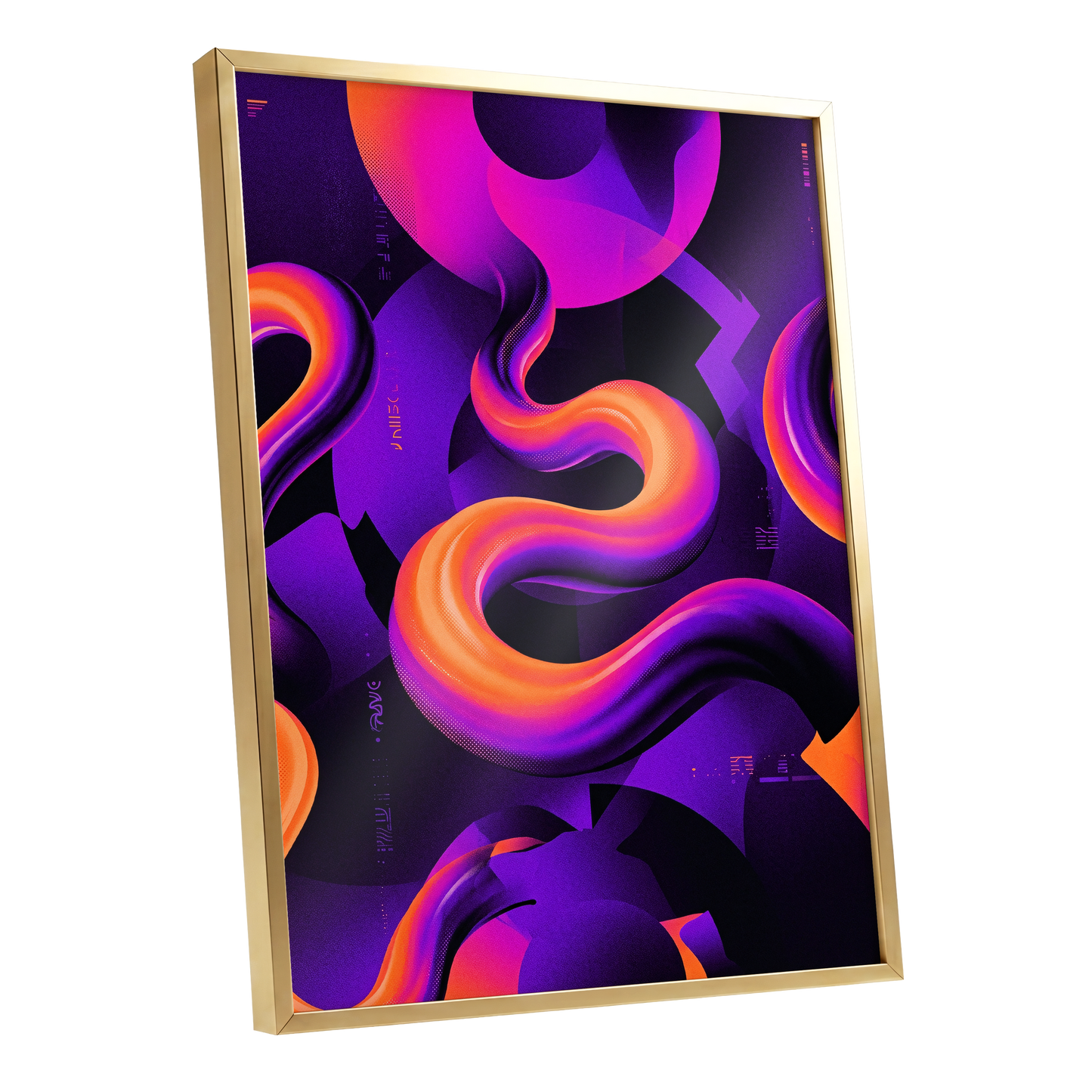 Neon Current, purple, orange, black abstract wall art shown as a gold framed poster wall art print
