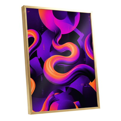 Neon Current, purple, orange, black abstract wall art shown as a gold framed poster wall art print