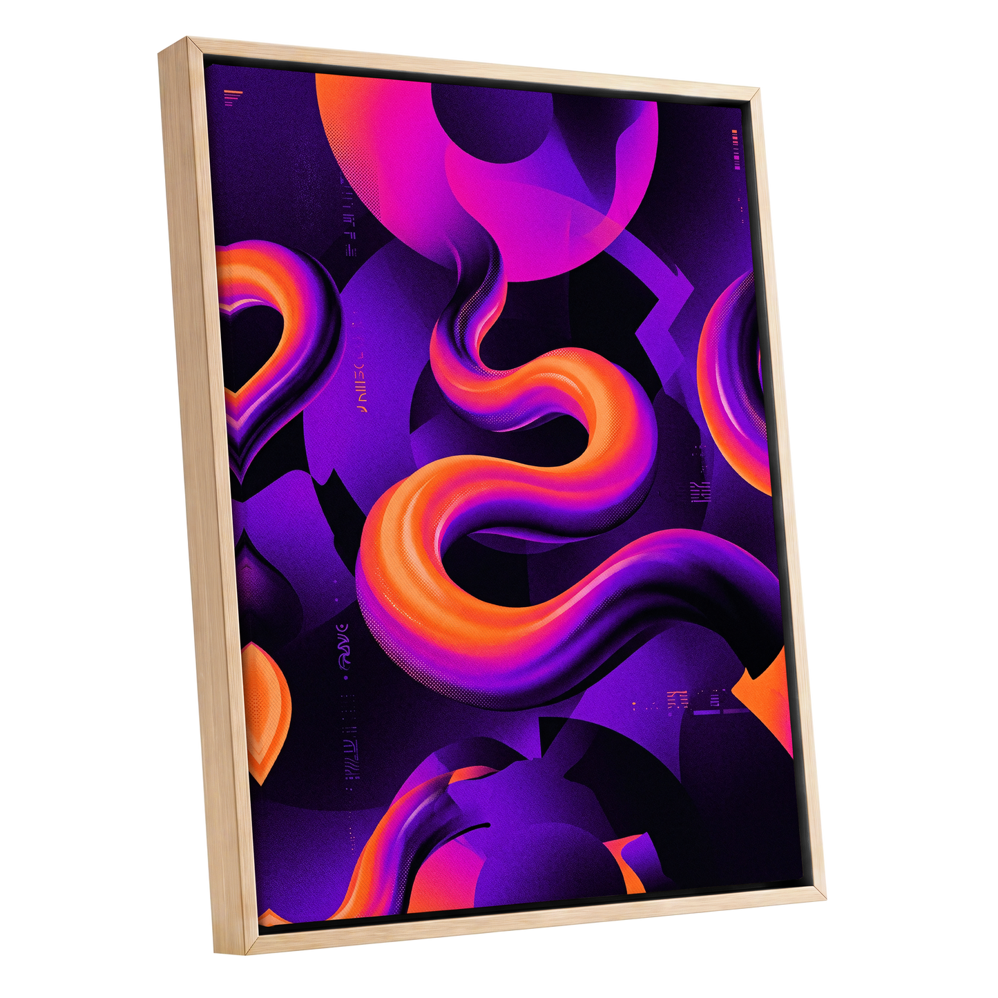 Neon Current, purple, orange, black abstract wall art shown as a oak framed canvas wall art