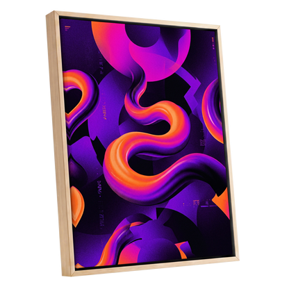 Neon Current, purple, orange, black abstract wall art shown as a oak framed canvas wall art