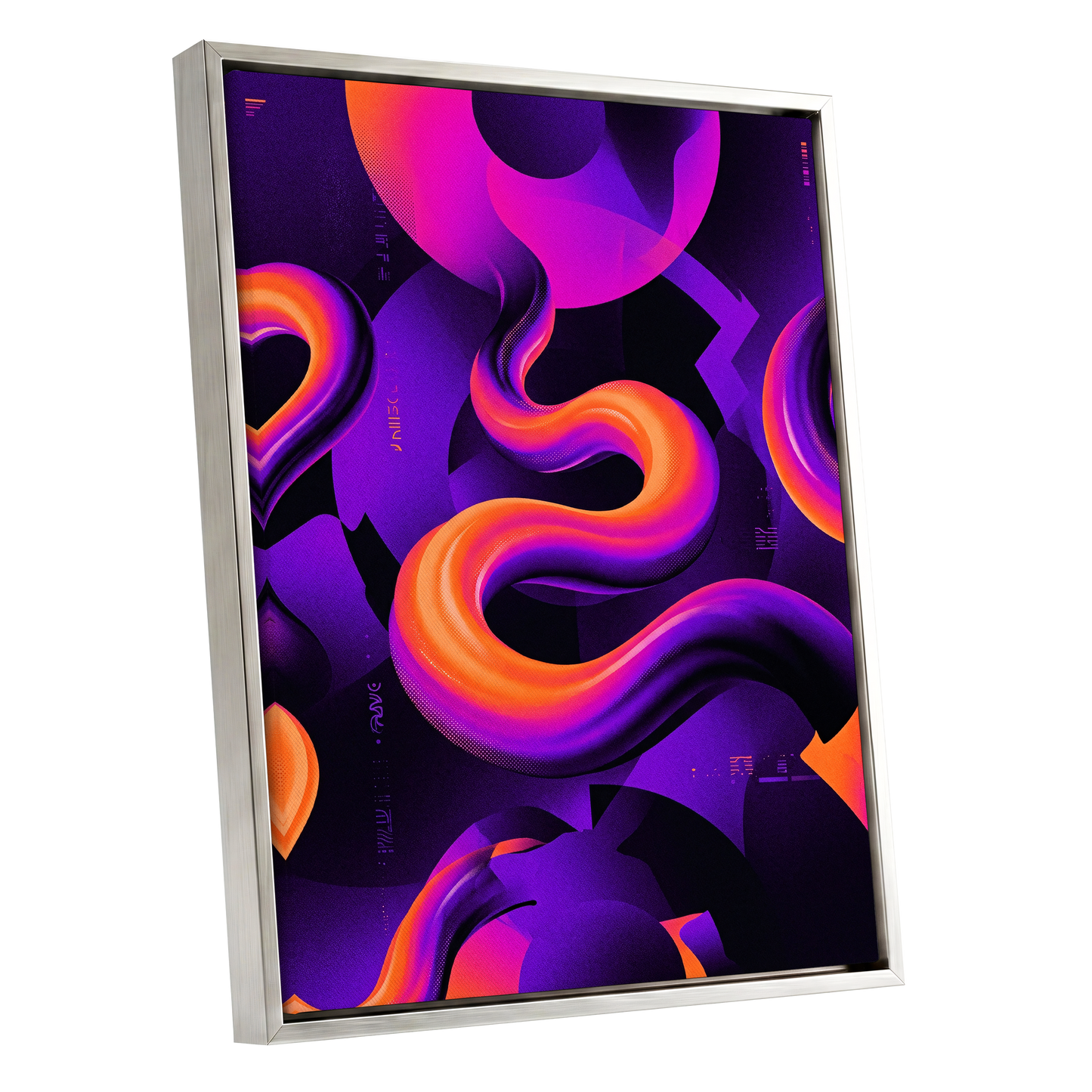 Neon Current, purple, orange, black abstract wall art shown as a silver framed canvas wall art