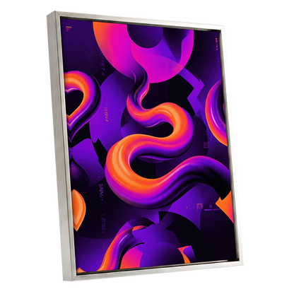 Neon Current, purple, orange, black abstract wall art shown as a silver framed canvas wall art