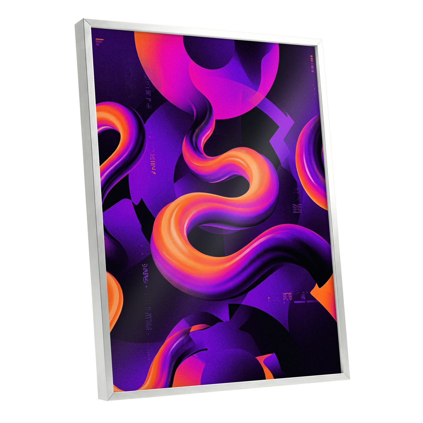 Neon Current, purple, orange, black abstract wall art shown as a silver framed poster wall art print