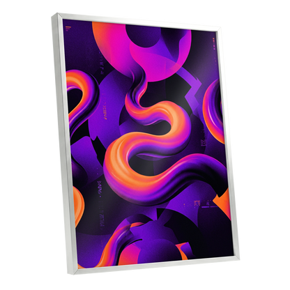 Neon Current, purple, orange, black abstract wall art shown as a silver framed poster wall art print