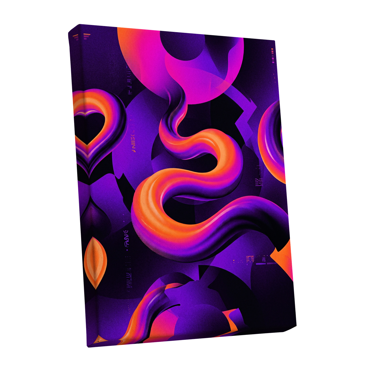 Neon Current, purple, orange, black abstract wall art shown as a stretched canvas wall art