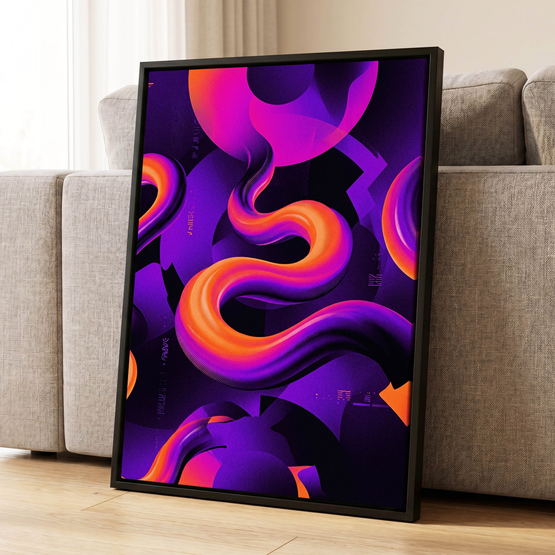 Neon Current, purple, orange, black abstract wall art displayed in a styled interior, gallery view 1