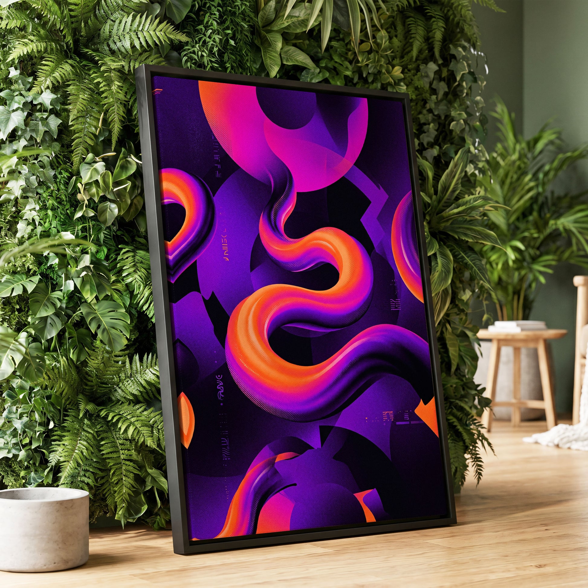 Neon Current, purple, orange, black abstract wall art displayed in a styled interior, gallery view 2