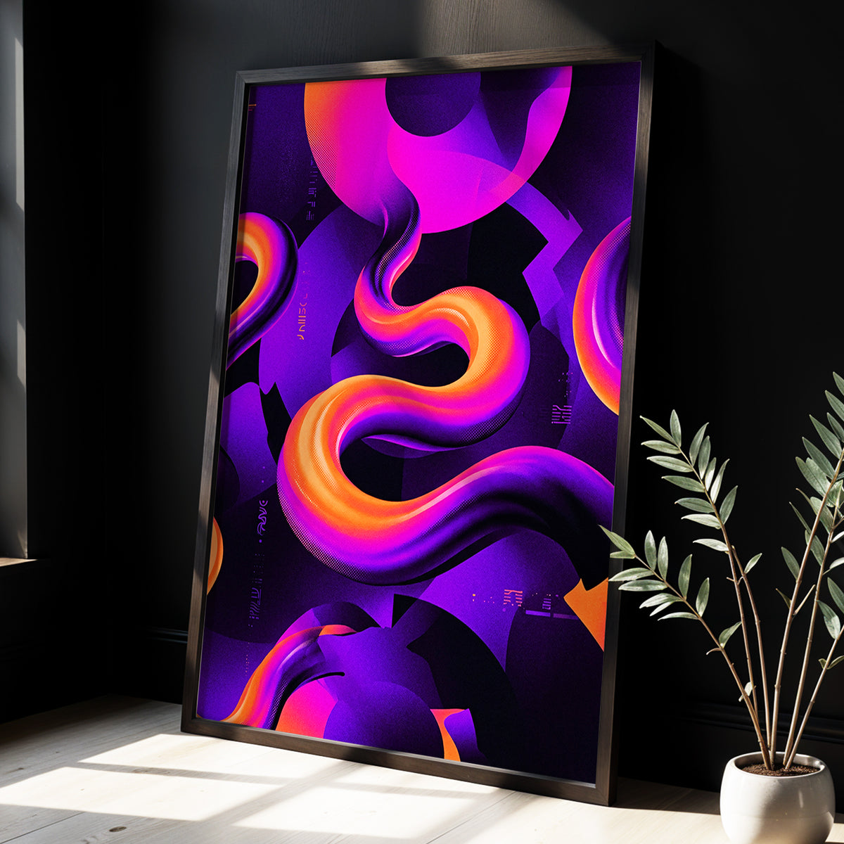 Neon Current, purple, orange, black abstract wall art displayed in a styled interior, gallery view 3