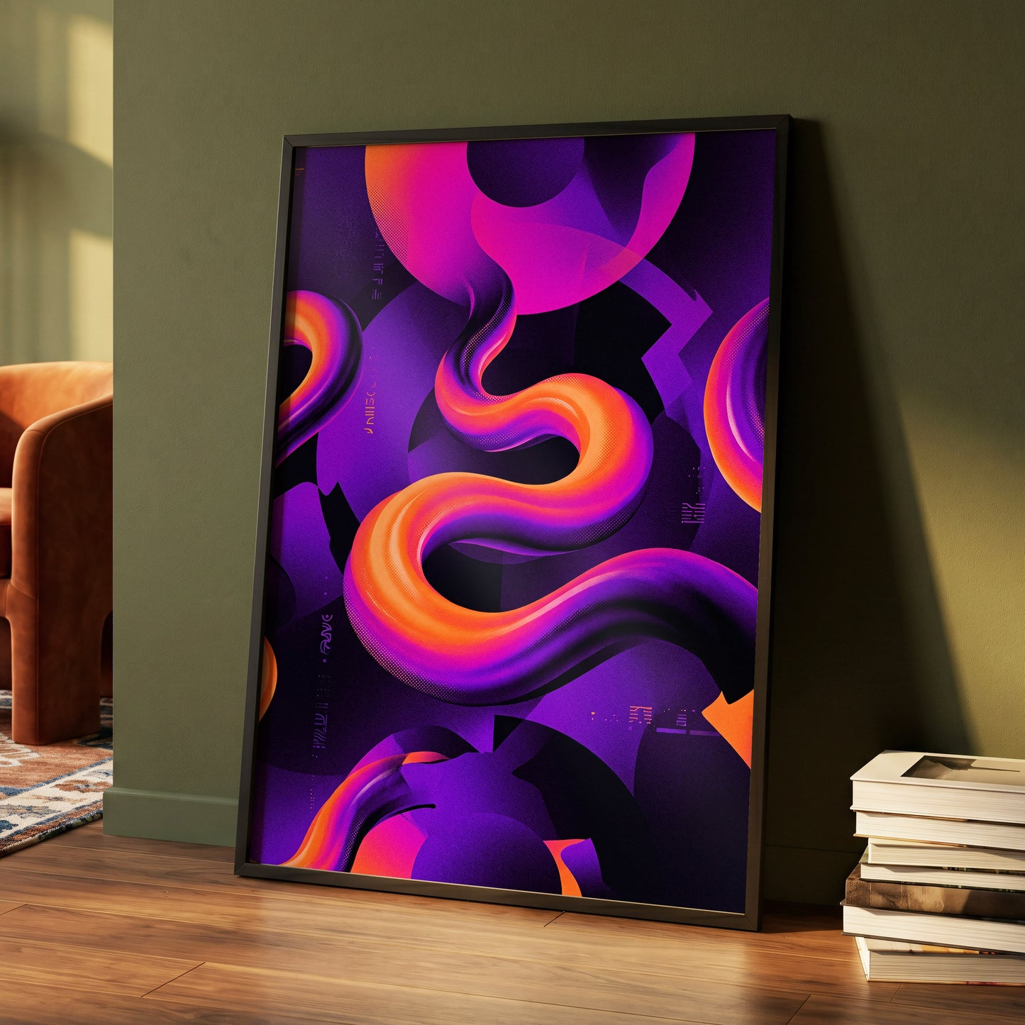 Neon Current, purple, orange, black abstract wall art displayed in a styled interior, gallery view 5
