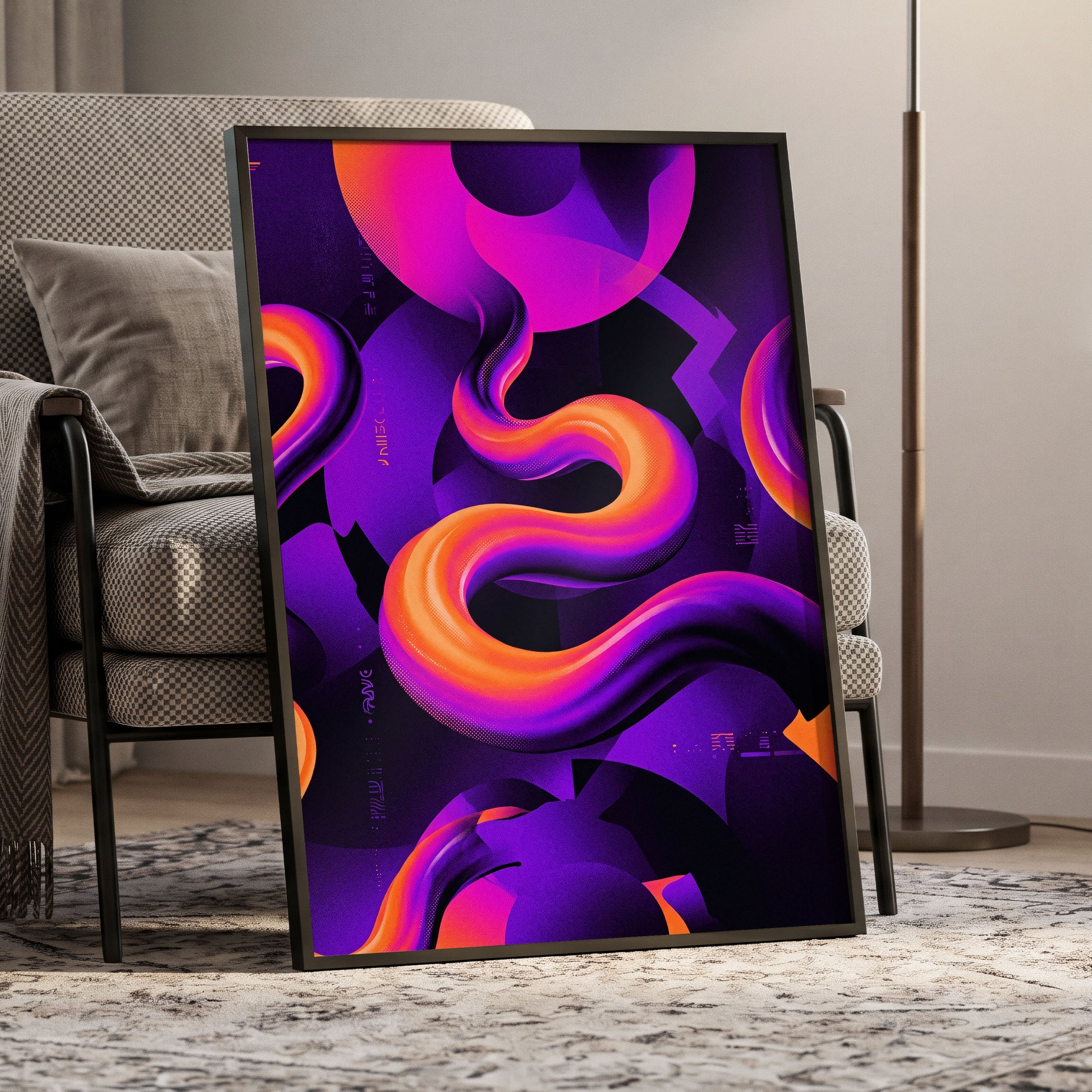 Neon Current, purple, orange, black abstract wall art displayed in a styled interior, gallery view 6
