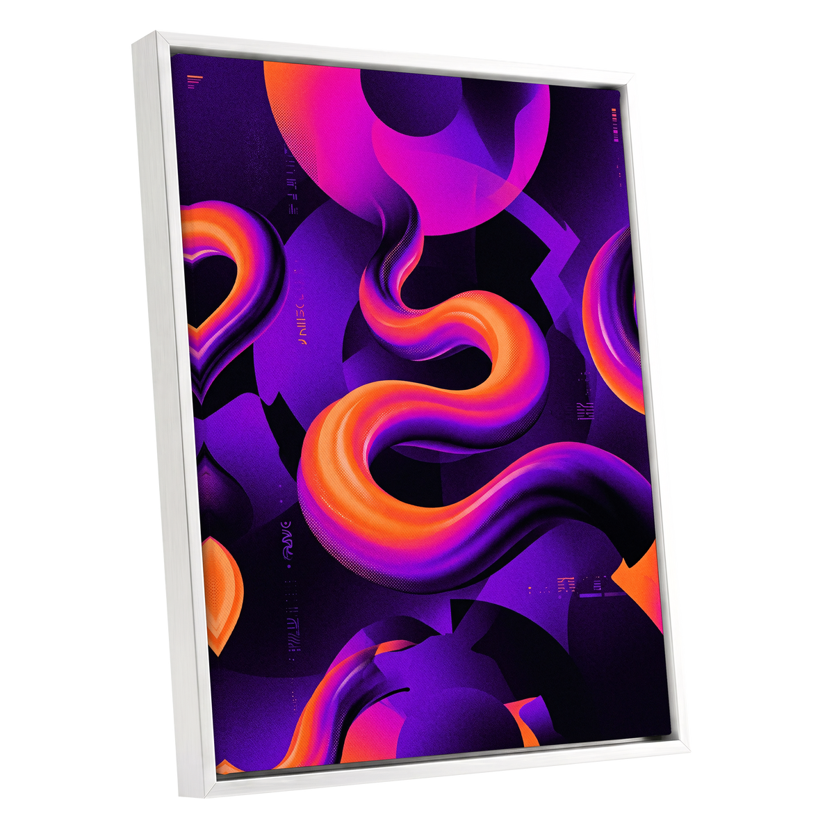 Neon Current, purple, orange, black abstract wall art shown as a white framed canvas wall art