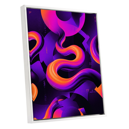 Neon Current, purple, orange, black abstract wall art shown as a white framed canvas wall art