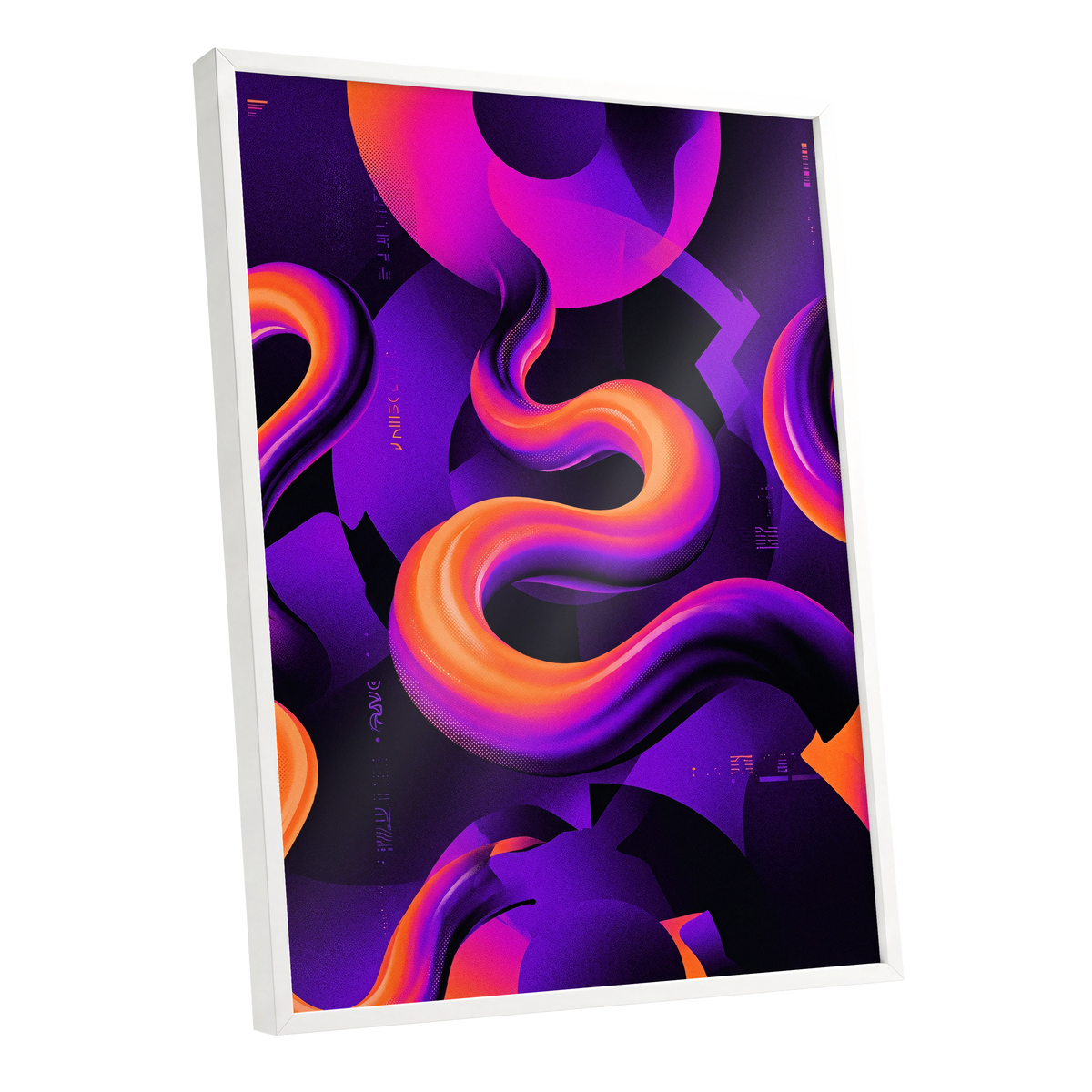 Neon Current, purple, orange, black abstract wall art shown as a white framed poster wall art print