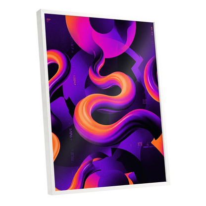 Neon Current, purple, orange, black abstract wall art shown as a white framed poster wall art print