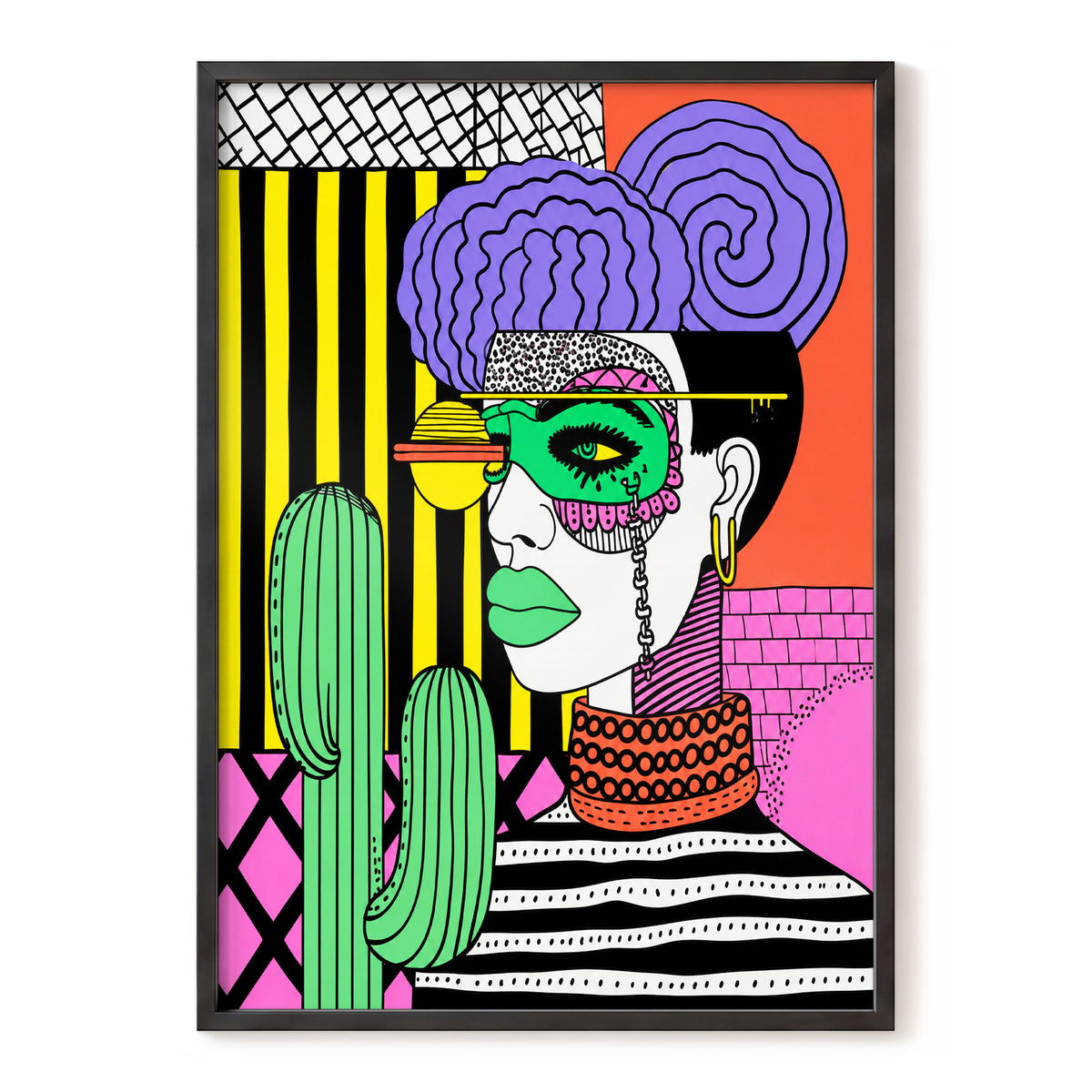 Neon Desert Muse, black, green, pink abstract wall art, front artwork view