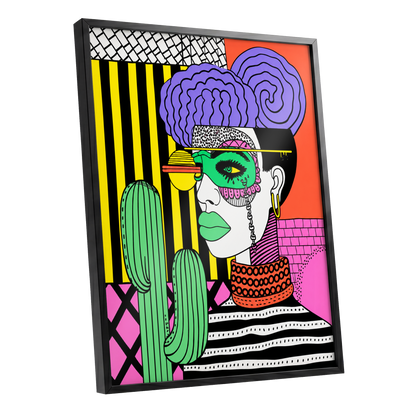 Neon Desert Muse, black, green, pink abstract wall art shown as a black framed poster wall art print