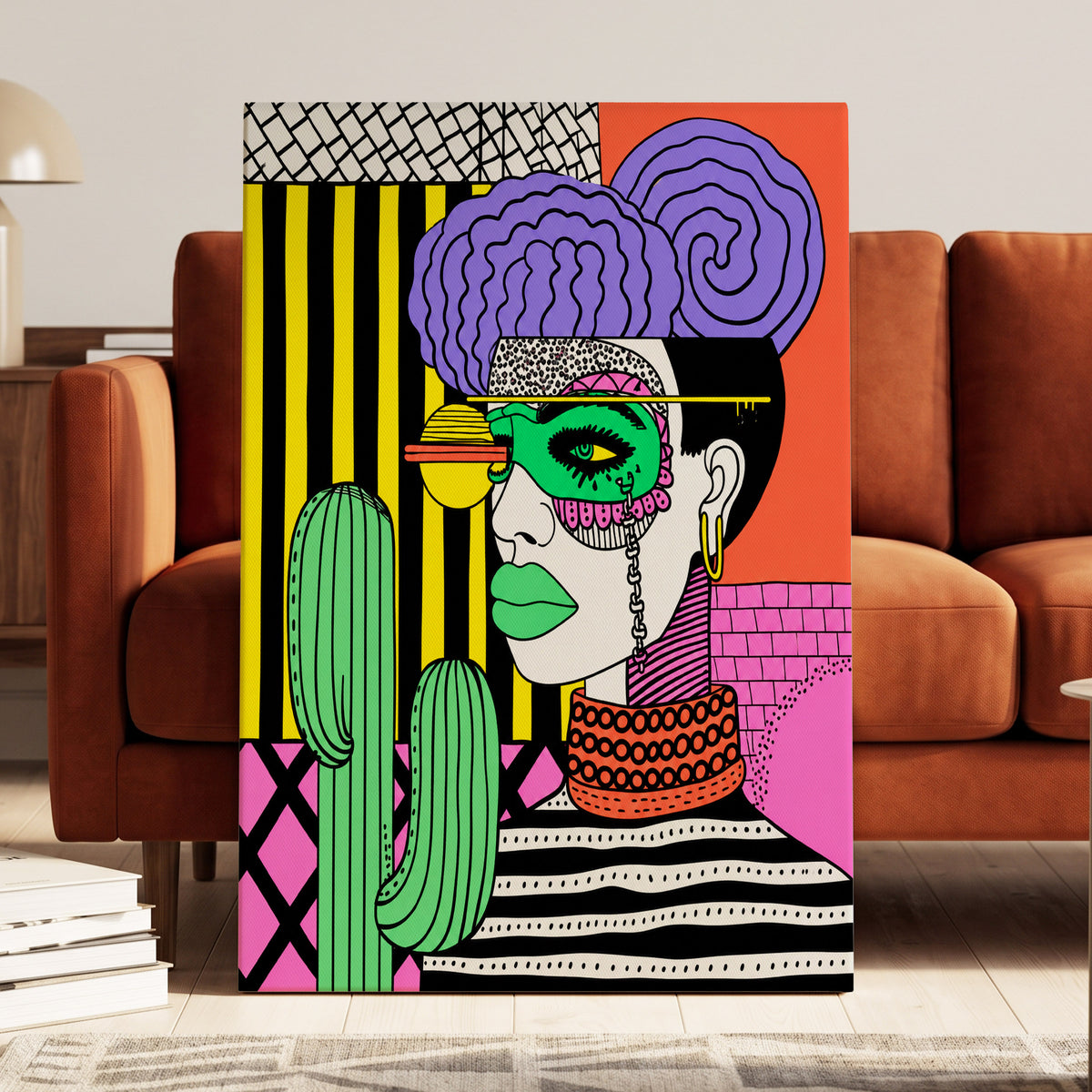 Neon Desert Muse, black, green, pink abstract wall art on canvas displayed in a styled interior, gallery view 1