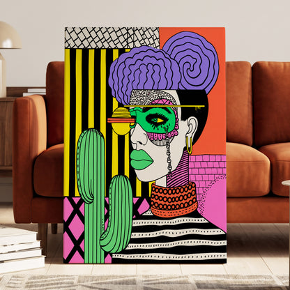 Neon Desert Muse, black, green, pink abstract wall art on canvas displayed in a styled interior, gallery view 1