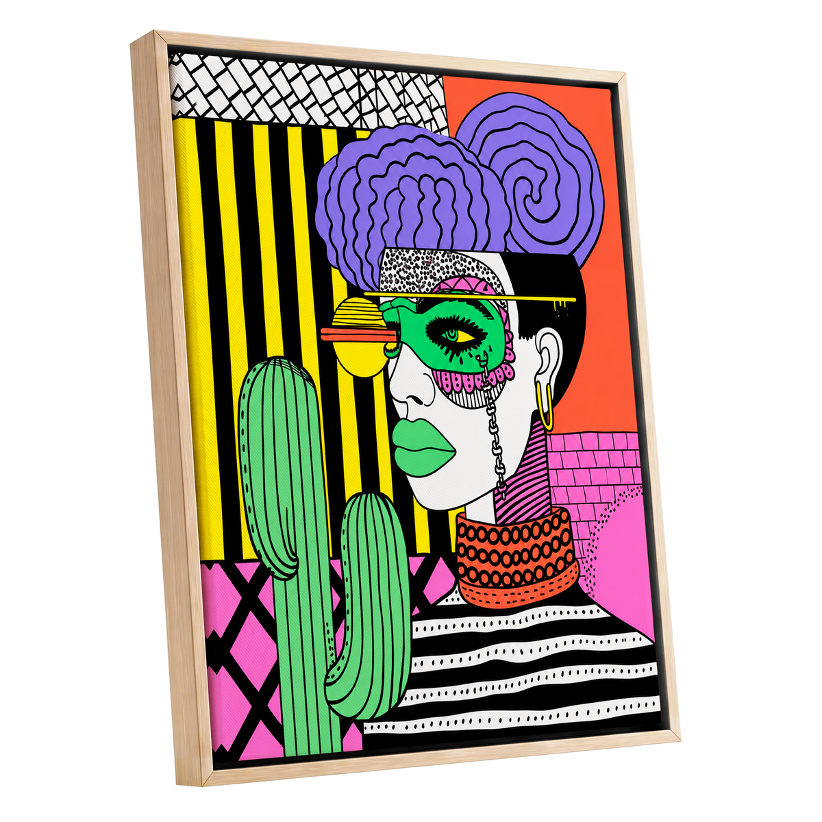 Neon Desert Muse, black, green, pink abstract wall art shown as a oak framed canvas wall art