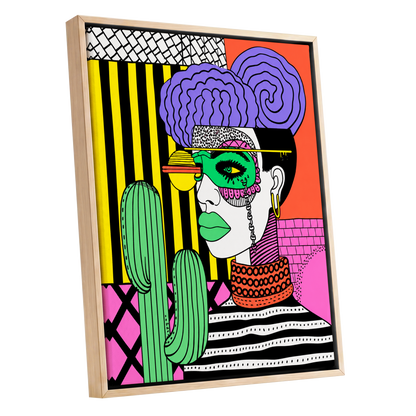 Neon Desert Muse, black, green, pink abstract wall art shown as a oak framed canvas wall art