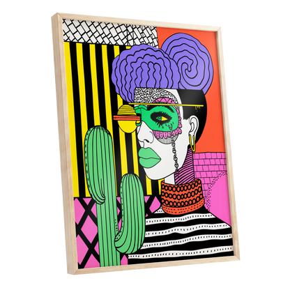 Neon Desert Muse, black, green, pink abstract wall art shown as a oak framed poster wall art print