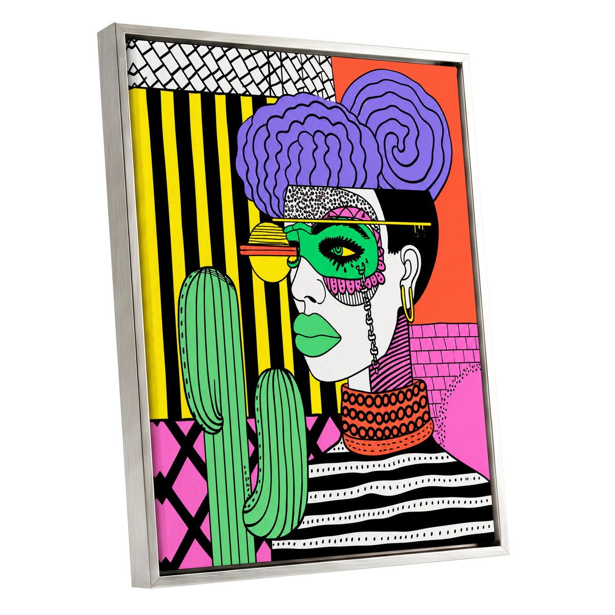 Neon Desert Muse, black, green, pink abstract wall art shown as a silver framed canvas wall art