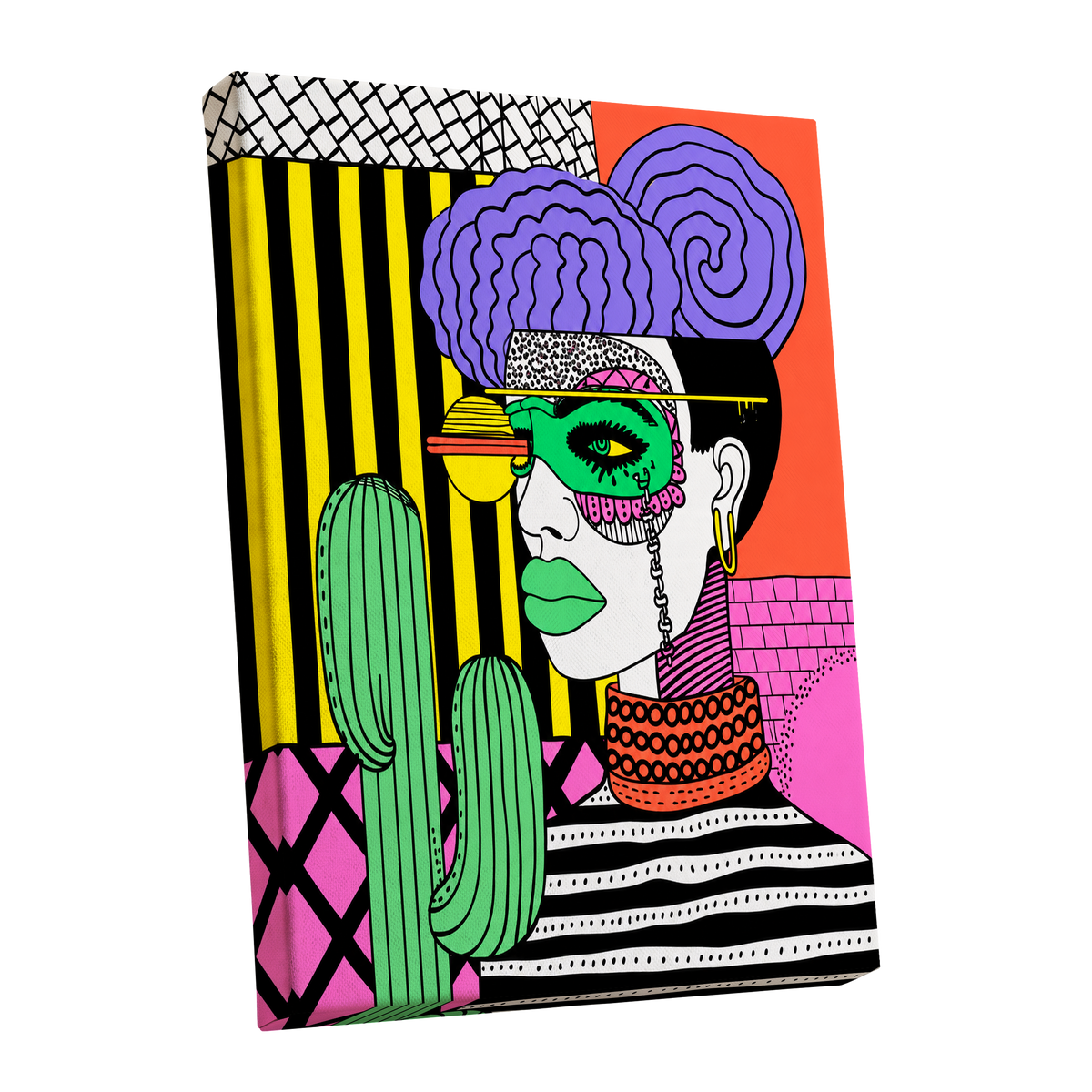 Neon Desert Muse, black, green, pink abstract wall art shown as a stretched canvas wall art
