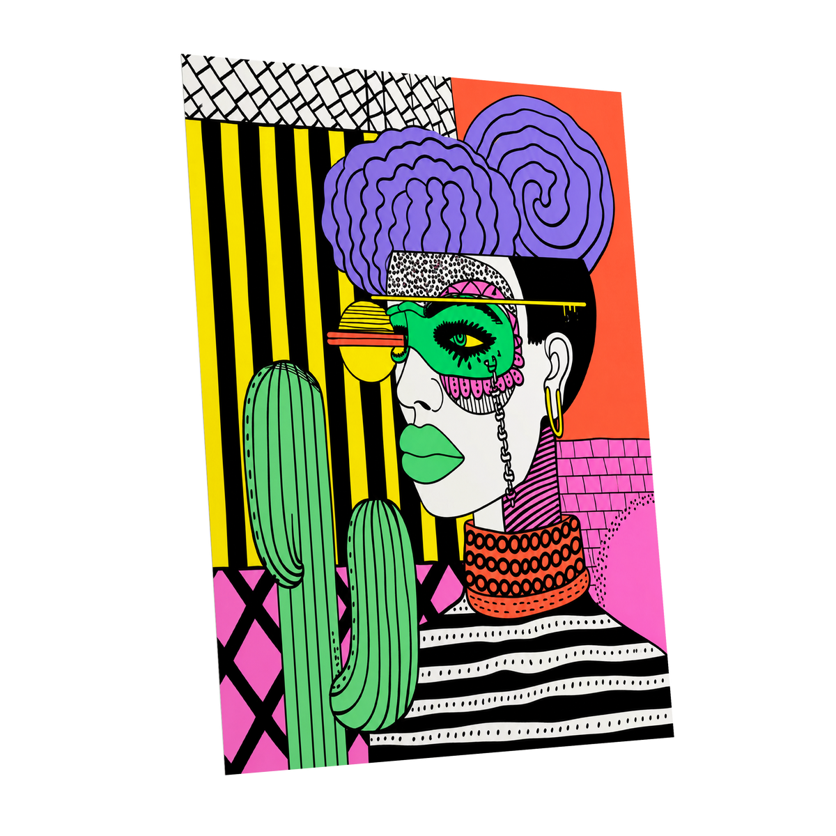 Neon Desert Muse, black, green, pink abstract wall art shown as a unframed poster wall art print