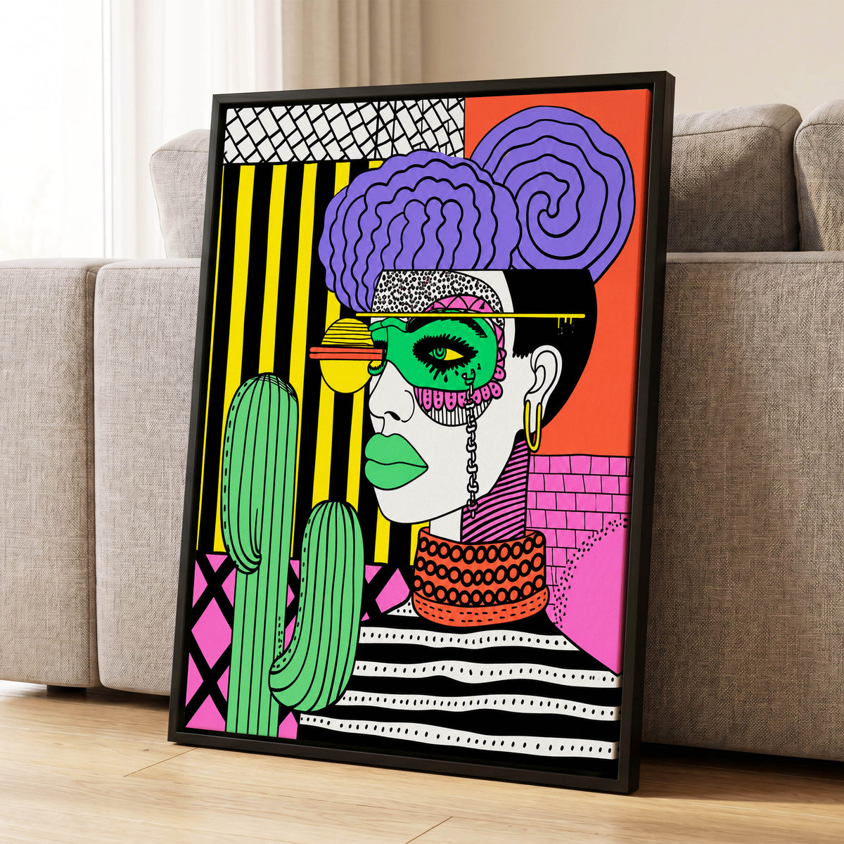 Neon Desert Muse, black, green, pink abstract wall art displayed in a styled interior, gallery view 1