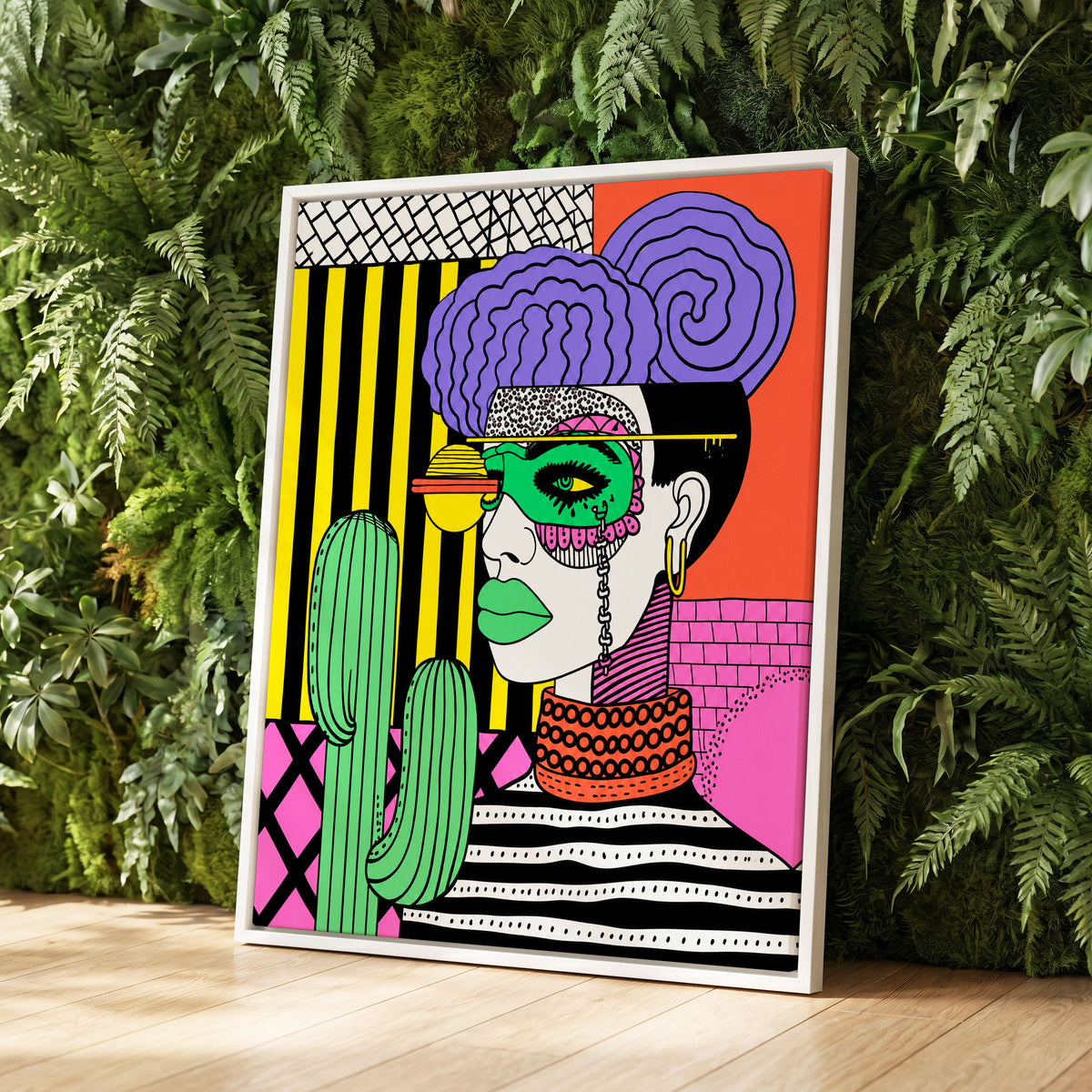 Neon Desert Muse, black, green, pink abstract wall art displayed in a styled interior, gallery view 2