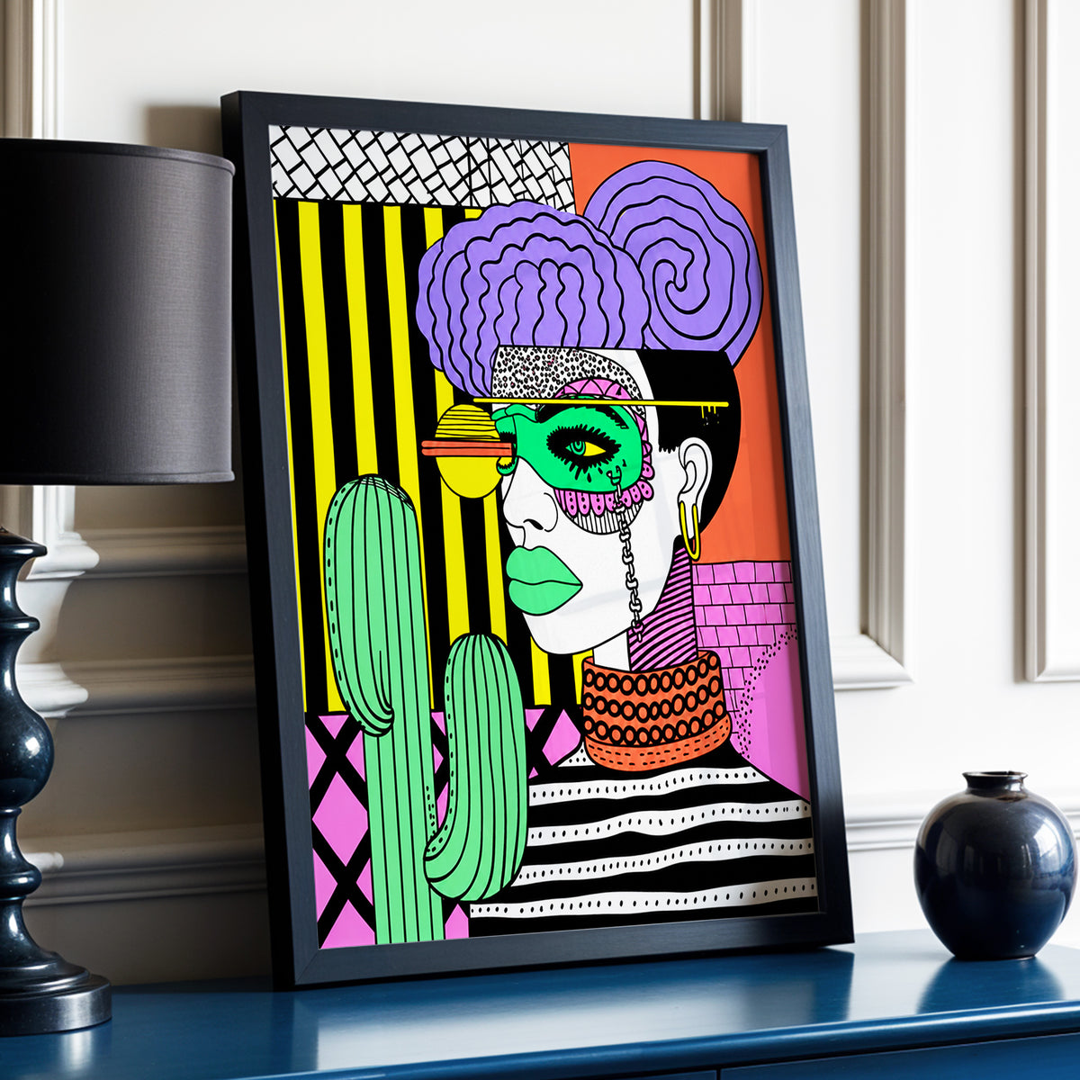 Neon Desert Muse, black, green, pink abstract wall art displayed in a styled interior, gallery view 3