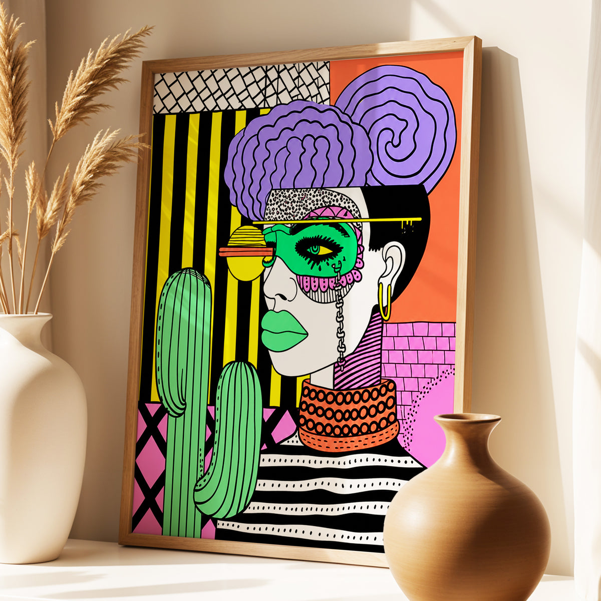 Neon Desert Muse, black, green, pink abstract wall art displayed in a styled interior, gallery view 4